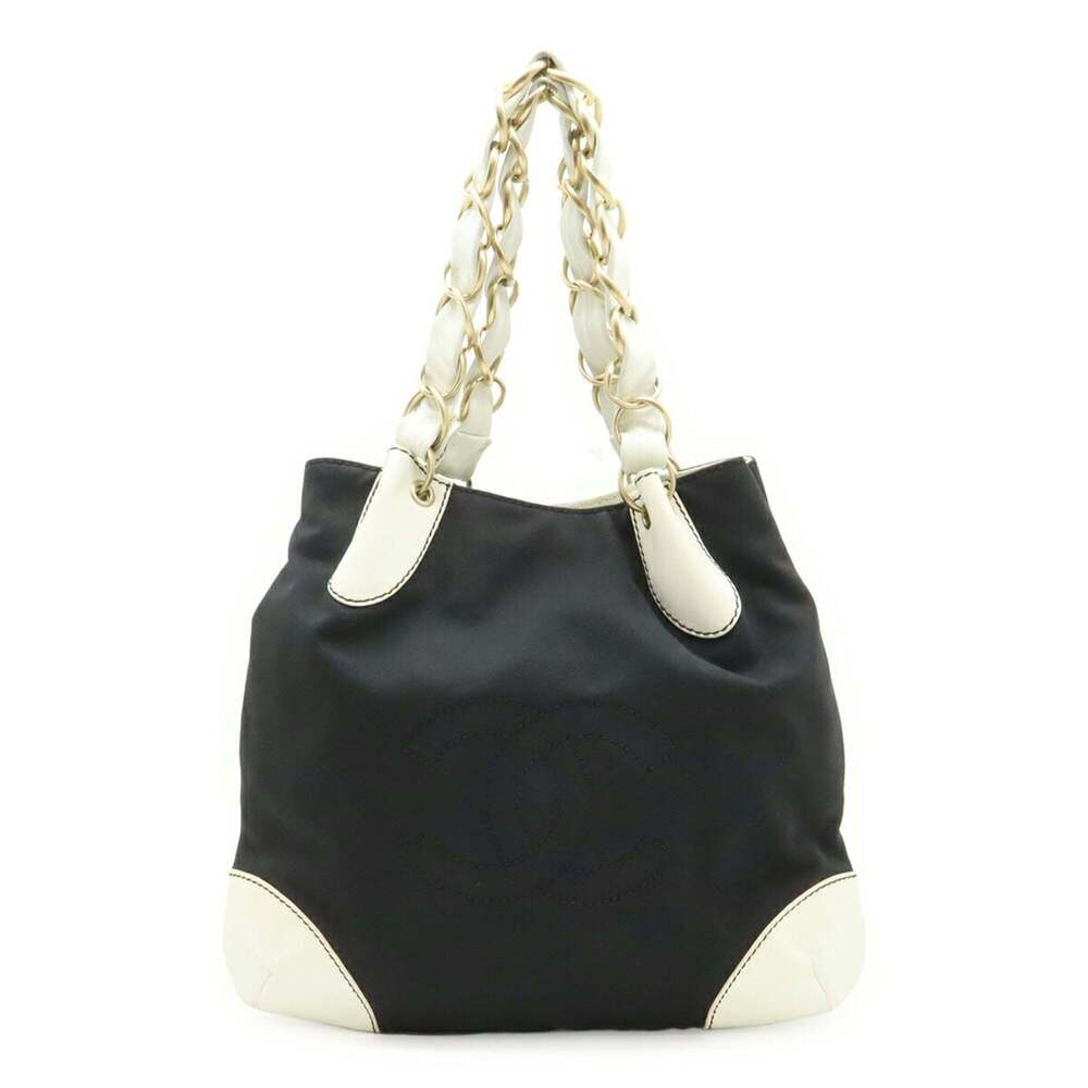 CHANEL Coco Mark Big Chain Handbag Tote Bag Shoulder Canvas Leather Black White